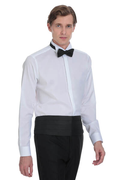 Beyaz Comfort Fit Ata Yaka 100% Pamuk Uzun Kollu Damatlık Gömlek - 1