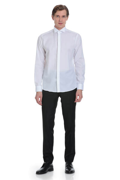 Beyaz Comfort Fit Ata Yaka 100% Pamuk Uzun Kollu Damatlık Gömlek - 2