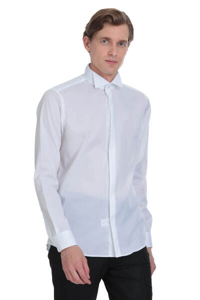 Beyaz Comfort Fit Ata Yaka 100% Pamuk Uzun Kollu Damatlık Gömlek - 3