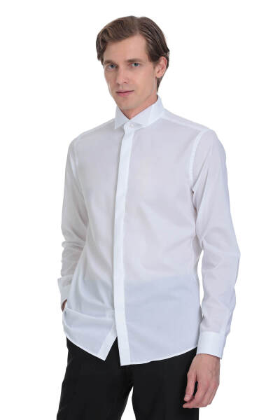 Beyaz Comfort Fit Ata Yaka 100% Pamuk Uzun Kollu Damatlık Gömlek - 4
