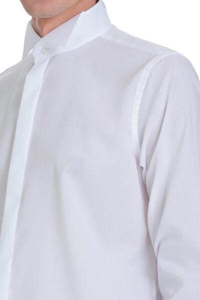 Beyaz Comfort Fit Ata Yaka 100% Pamuk Uzun Kollu Damatlık Gömlek - 6