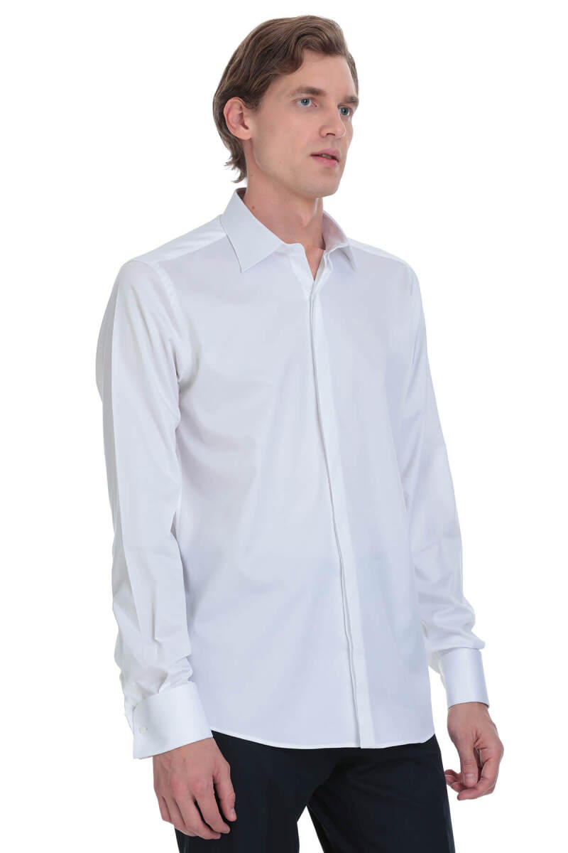 Beyaz Comfort Fit Ata Yaka Pamuklu Damatlık Gömlek - Saykı