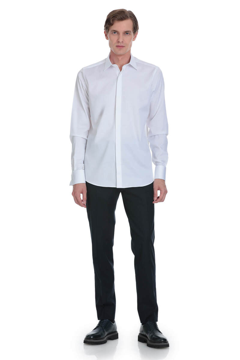 Beyaz Comfort Fit Ata Yaka Pamuklu Damatlık Gömlek - Saykı (1)