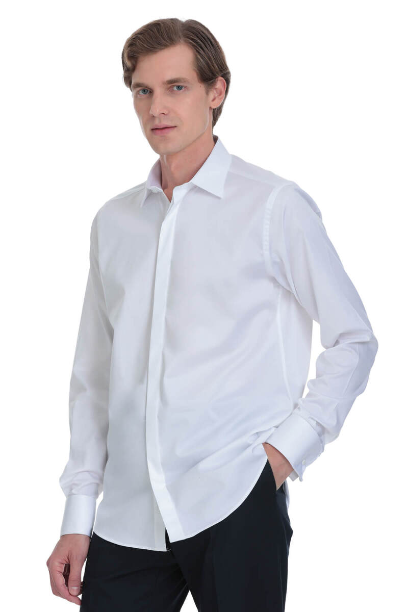 Beyaz Comfort Fit Ata Yaka Pamuklu Damatlık Gömlek - Saykı (1)