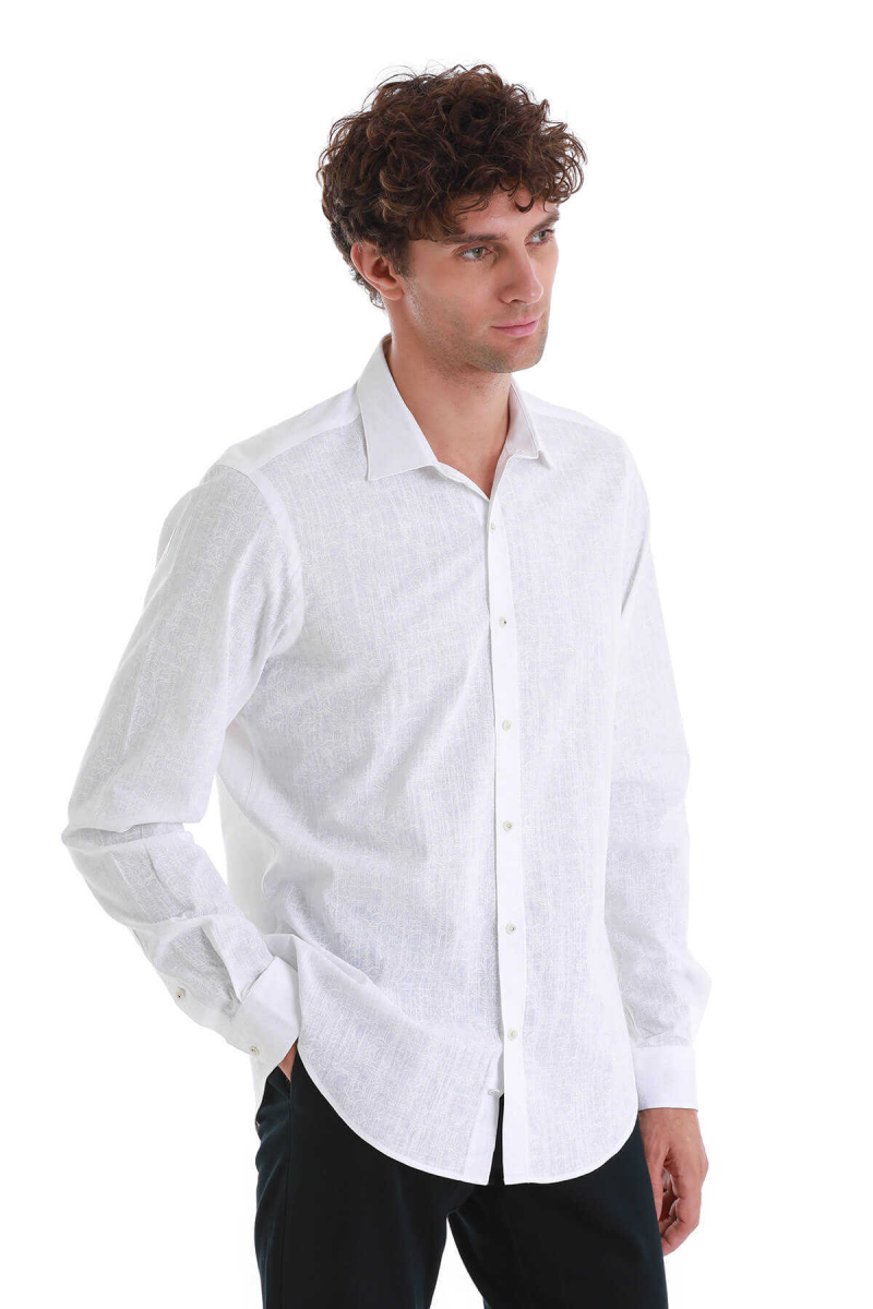 Beyaz Comfort Fit Baskılı Slim Yaka Uzun Kollu Spor Gömlek - Hatem Saykı (1)