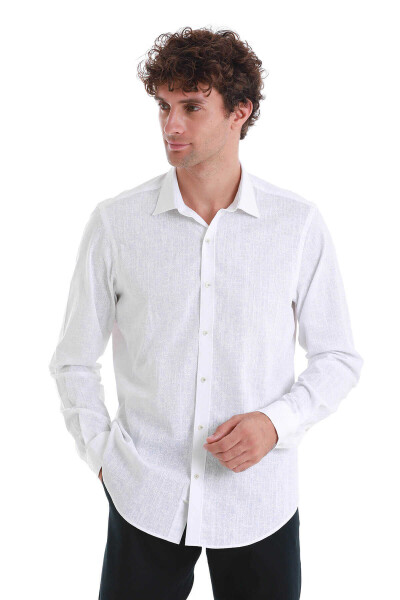 Beyaz Comfort Fit Baskılı Slim Yaka Uzun Kollu Spor Gömlek - 4