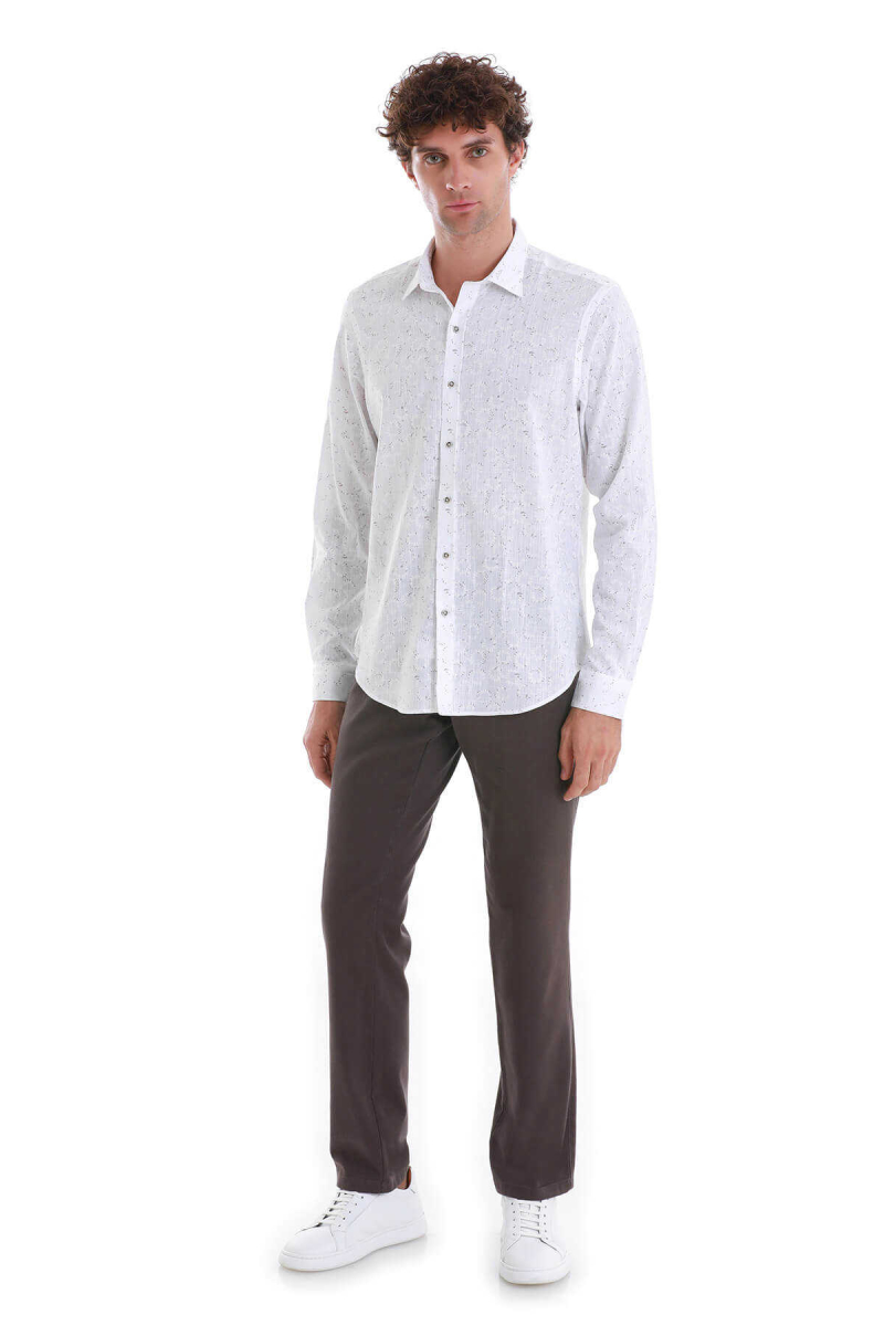 Beyaz Comfort Fit Baskılı Slim Yaka Uzun Kollu Spor Gömlek - Hatem Saykı (1)