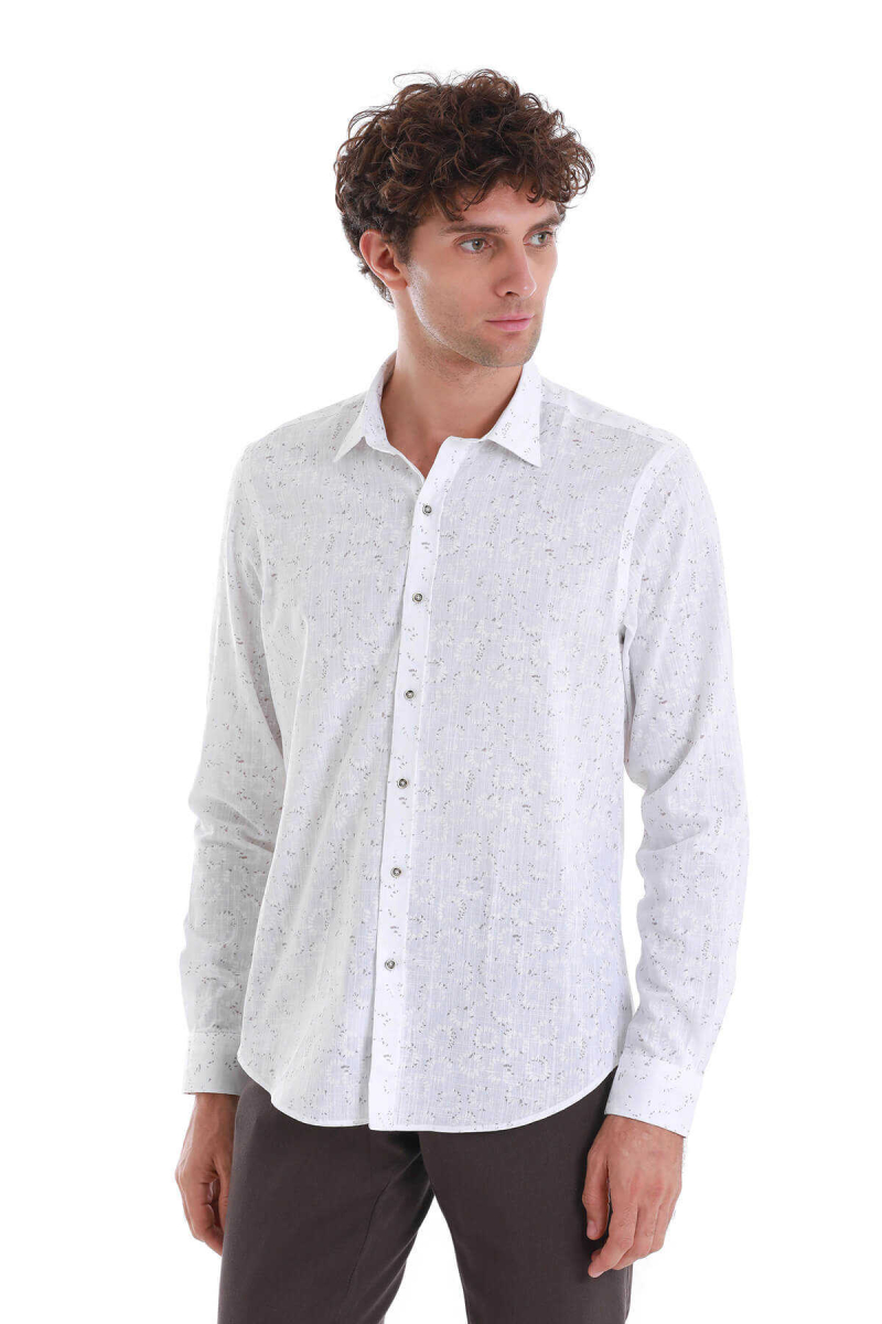 Beyaz Comfort Fit Baskılı Slim Yaka Uzun Kollu Spor Gömlek - Hatem Saykı (1)