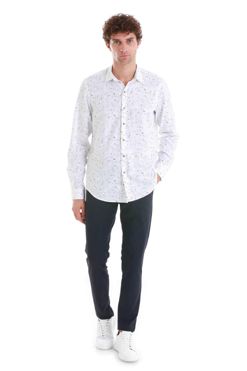 Beyaz Comfort Fit Baskılı Slim Yaka Uzun Kollu Spor Gömlek - Hatem Saykı (1)