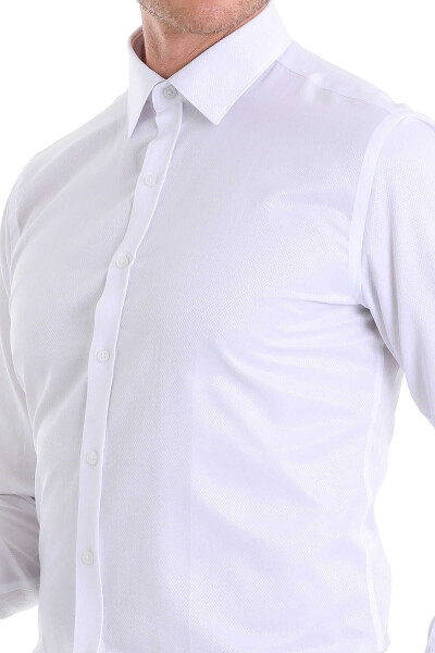 Beyaz Comfort Fit Desenli Pamuklu Slim Yaka Uzun Kollu Klasik Gömlek - 4