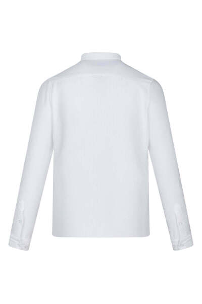 Beyaz Comfort Fit Düğmeli Yaka Uzun Kollu Gofre Casual Gömlek - 8