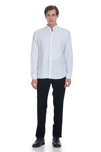 Beyaz Comfort Fit Düğmeli Yaka Uzun Kollu Gofre Casual Gömlek - 2