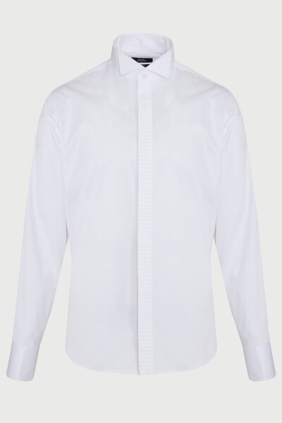 Beyaz Comfort Fit 100% Pamuk Ata Yaka Manşetli Uzun Kol Saten Damatlık Gömlek - 1