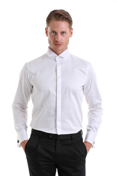 Beyaz Comfort Fit 100% Pamuk Ata Yaka Manşetli Uzun Kol Saten Damatlık Gömlek - 1