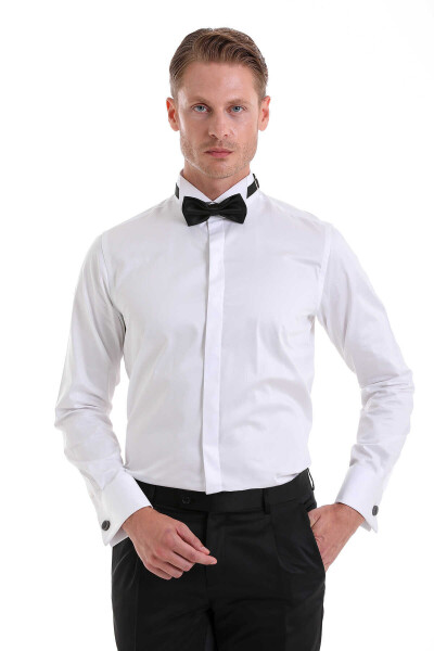 Beyaz Comfort Fit 100% Pamuk Ata Yaka Manşetli Uzun Kol Saten Damatlık Gömlek - 2