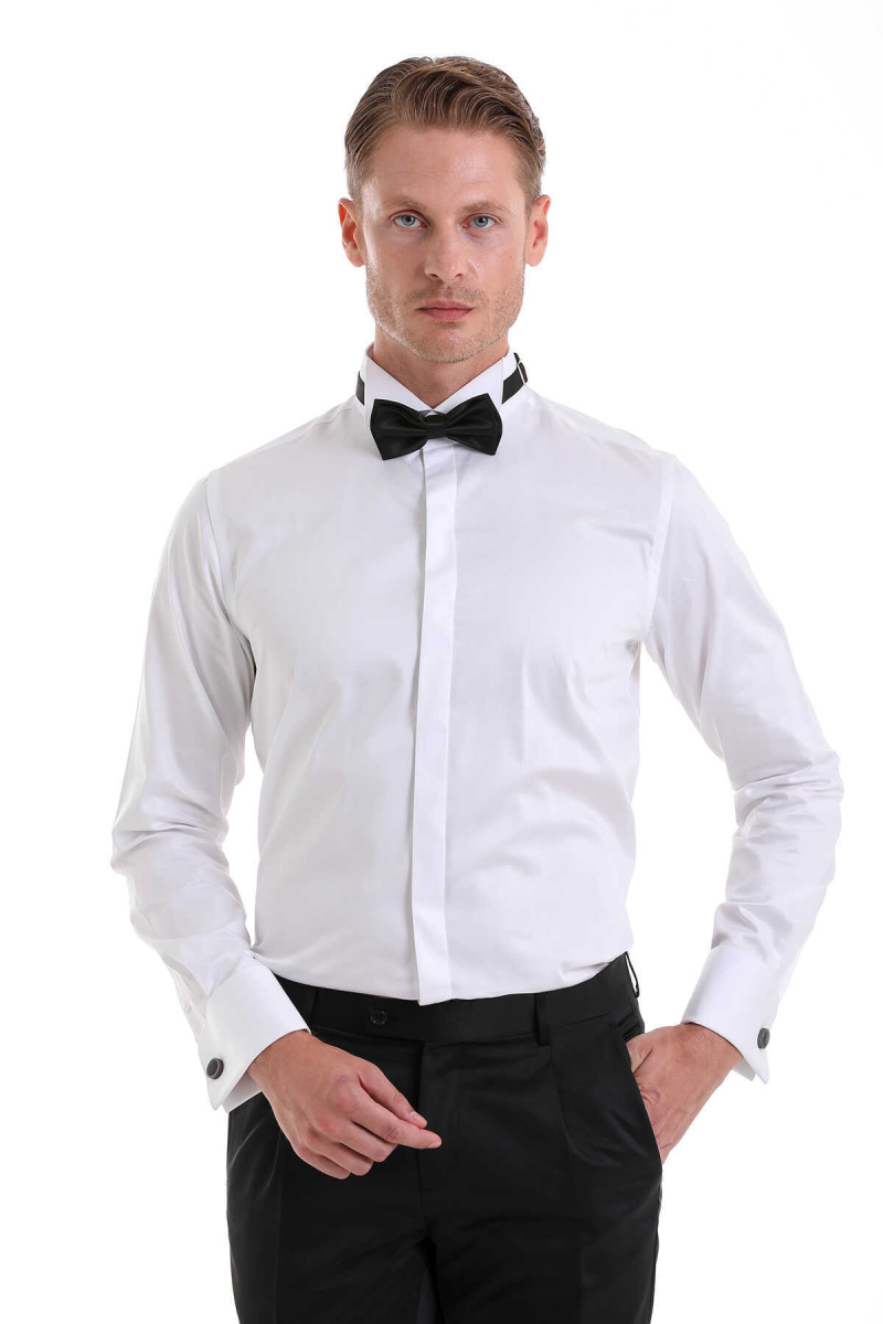 Beyaz Comfort Fit 100% Pamuk Ata Yaka Manşetli Uzun Kol Saten Damatlık Gömlek - Hatem Saykı (1)