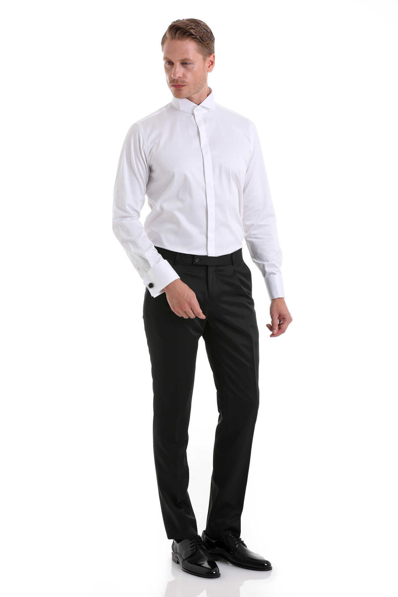 Beyaz Comfort Fit 100% Pamuk Ata Yaka Manşetli Uzun Kol Saten Damatlık Gömlek - Hatem Saykı (1)