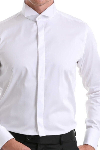 Beyaz Comfort Fit 100% Pamuk Ata Yaka Manşetli Uzun Kol Saten Damatlık Gömlek - 9