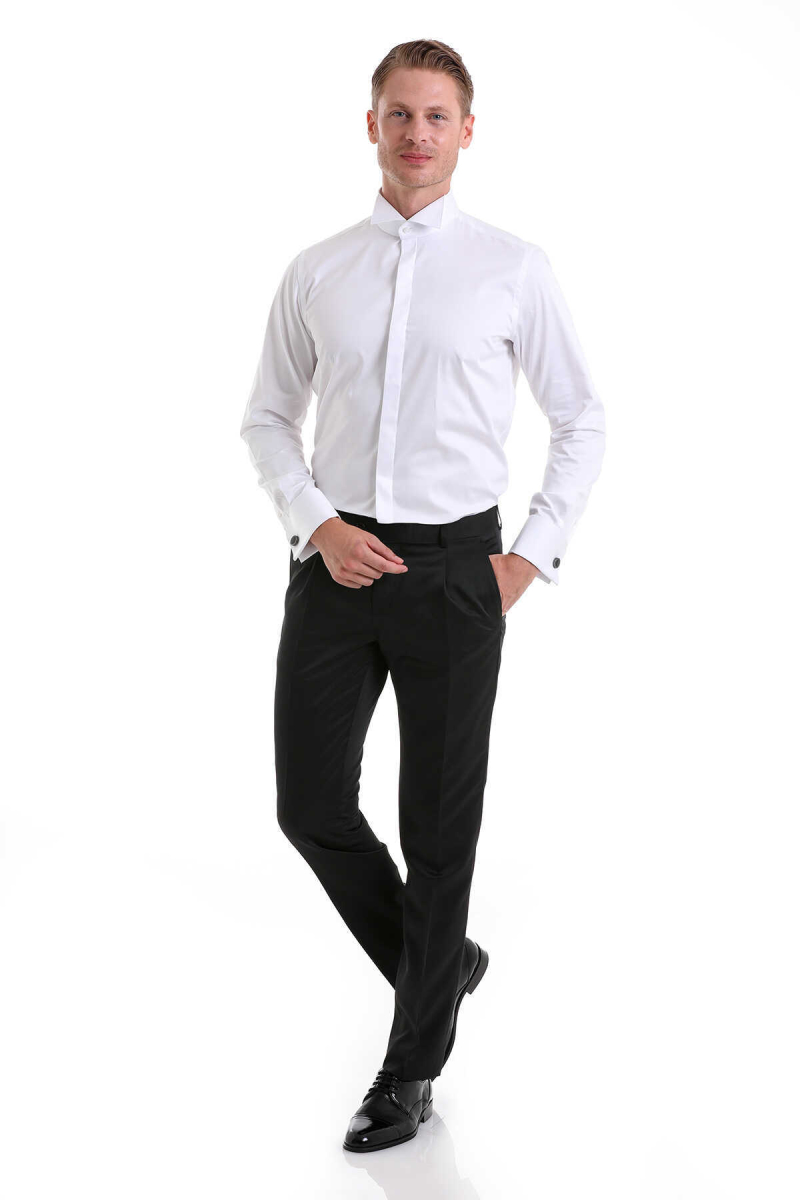 Beyaz Comfort Fit 100% Pamuk Ata Yaka Manşetli Uzun Kol Saten Damatlık Gömlek - Hatem Saykı (1)