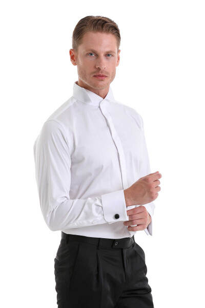 Beyaz Comfort Fit 100% Pamuk Ata Yaka Manşetli Uzun Kol Saten Damatlık Gömlek - 6