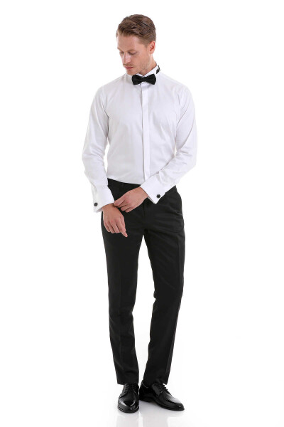 Beyaz Comfort Fit 100% Pamuk Ata Yaka Manşetli Uzun Kol Saten Damatlık Gömlek - 5