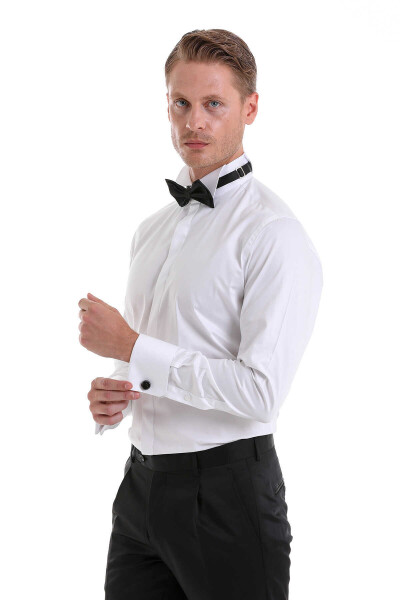 Beyaz Comfort Fit 100% Pamuk Ata Yaka Manşetli Uzun Kol Saten Damatlık Gömlek - 7