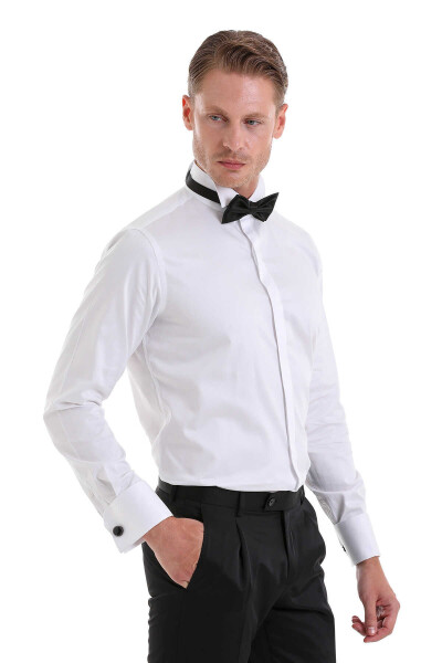 Beyaz Comfort Fit 100% Pamuk Ata Yaka Manşetli Uzun Kol Saten Damatlık Gömlek - 8