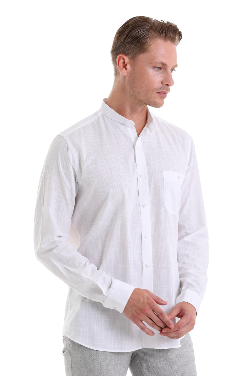 Beyaz Comfort Fit 100% Pamuk Hakim Yaka Uzun Kollu Spor Gömlek - HTML (1)