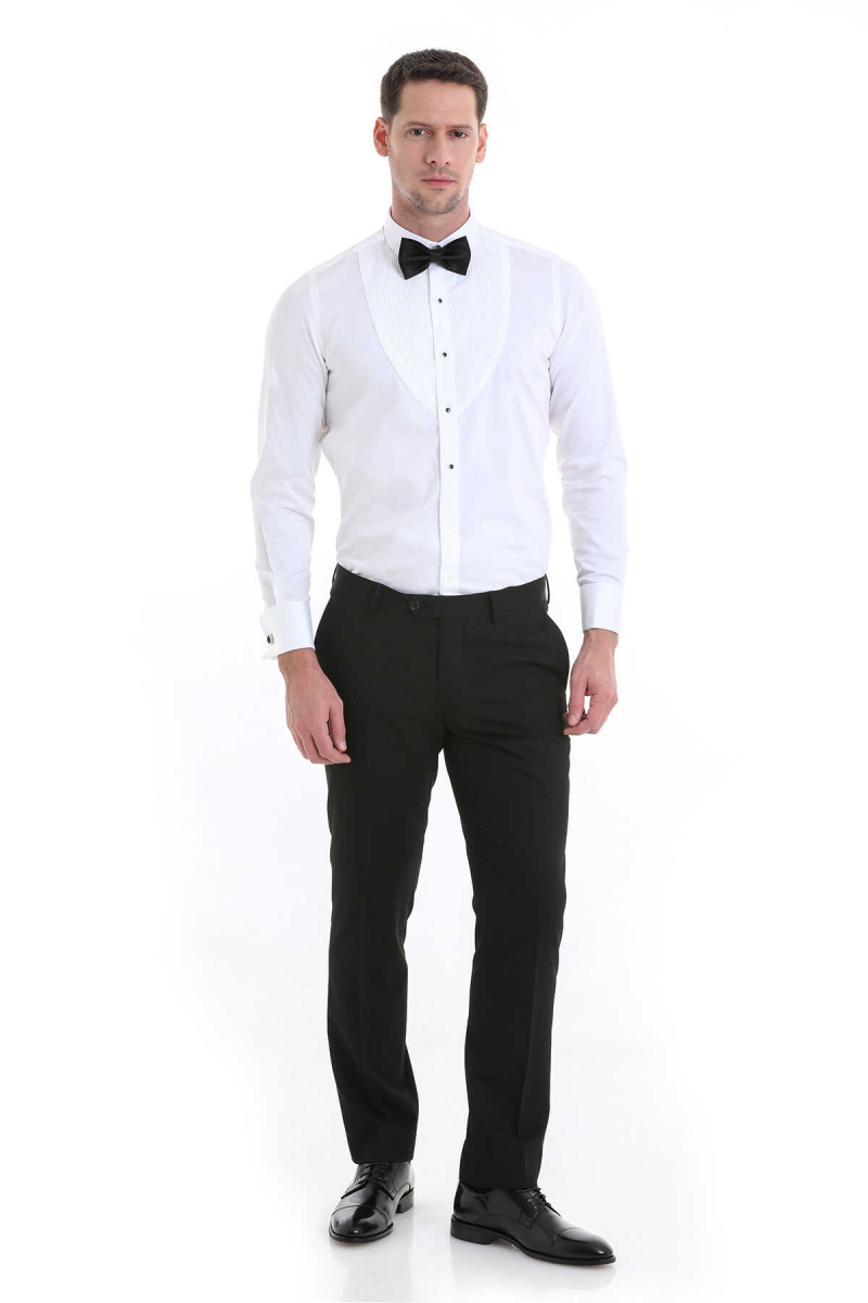 Beyaz Comfort Fit 100% Pamuklu Slim Yaka Manşetli Uzun Kollu Damatlık Gömlek - Hatem Saykı (1)