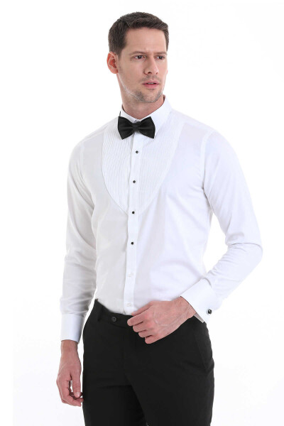 Beyaz Comfort Fit 100% Pamuklu Slim Yaka Manşetli Uzun Kollu Damatlık Gömlek - 3