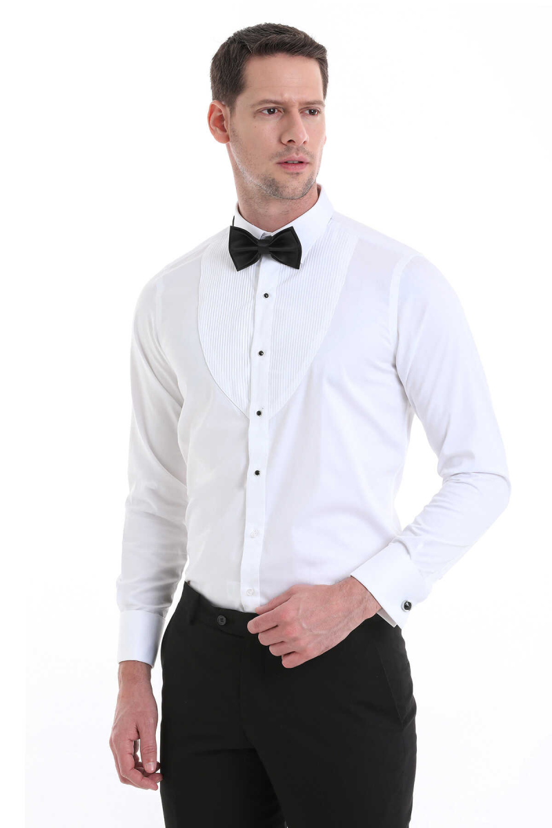 Beyaz Comfort Fit 100% Pamuklu Slim Yaka Manşetli Uzun Kollu Damatlık Gömlek - Hatem Saykı (1)