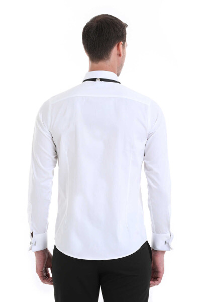 Beyaz Comfort Fit 100% Pamuklu Slim Yaka Manşetli Uzun Kollu Damatlık Gömlek - 6