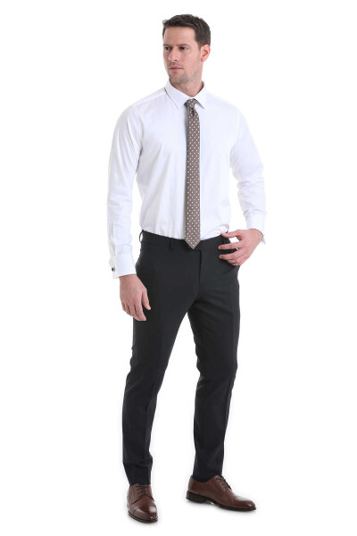 Beyaz Comfort Fit 100% Pamuklu Slim Yaka Manşetli Uzun Kollu Saten Klasik Gömlek - 2