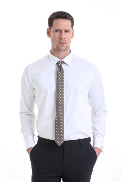 Beyaz Comfort Fit 100% Pamuklu Slim Yaka Manşetli Uzun Kollu Saten Klasik Gömlek - 1