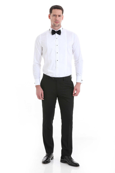 Beyaz Comfort Fit 100% Pamuklu Slim Yaka Manşetli Uzun Kollu Damatlık Gömlek - 2