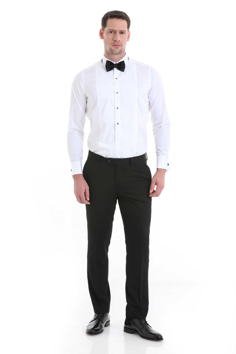 Beyaz Comfort Fit 100% Pamuklu Slim Yaka Manşetli Uzun Kollu Damatlık Gömlek - Hatem Saykı (1)