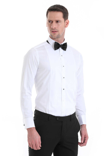 Beyaz Comfort Fit 100% Pamuklu Slim Yaka Manşetli Uzun Kollu Damatlık Gömlek - 3