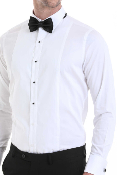 Beyaz Comfort Fit 100% Pamuklu Slim Yaka Manşetli Uzun Kollu Damatlık Gömlek - 5