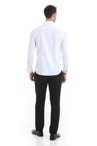 Beyaz Comfort Fit 100% Pamuklu Slim Yaka Manşetli Uzun Kollu Damatlık Gömlek - 6