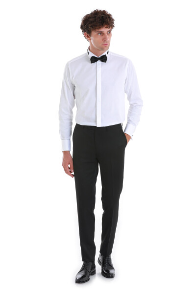 Beyaz Comfort Fit Devrik Manşet Yaka Saten Klasik Damatlık Gömlek - 2