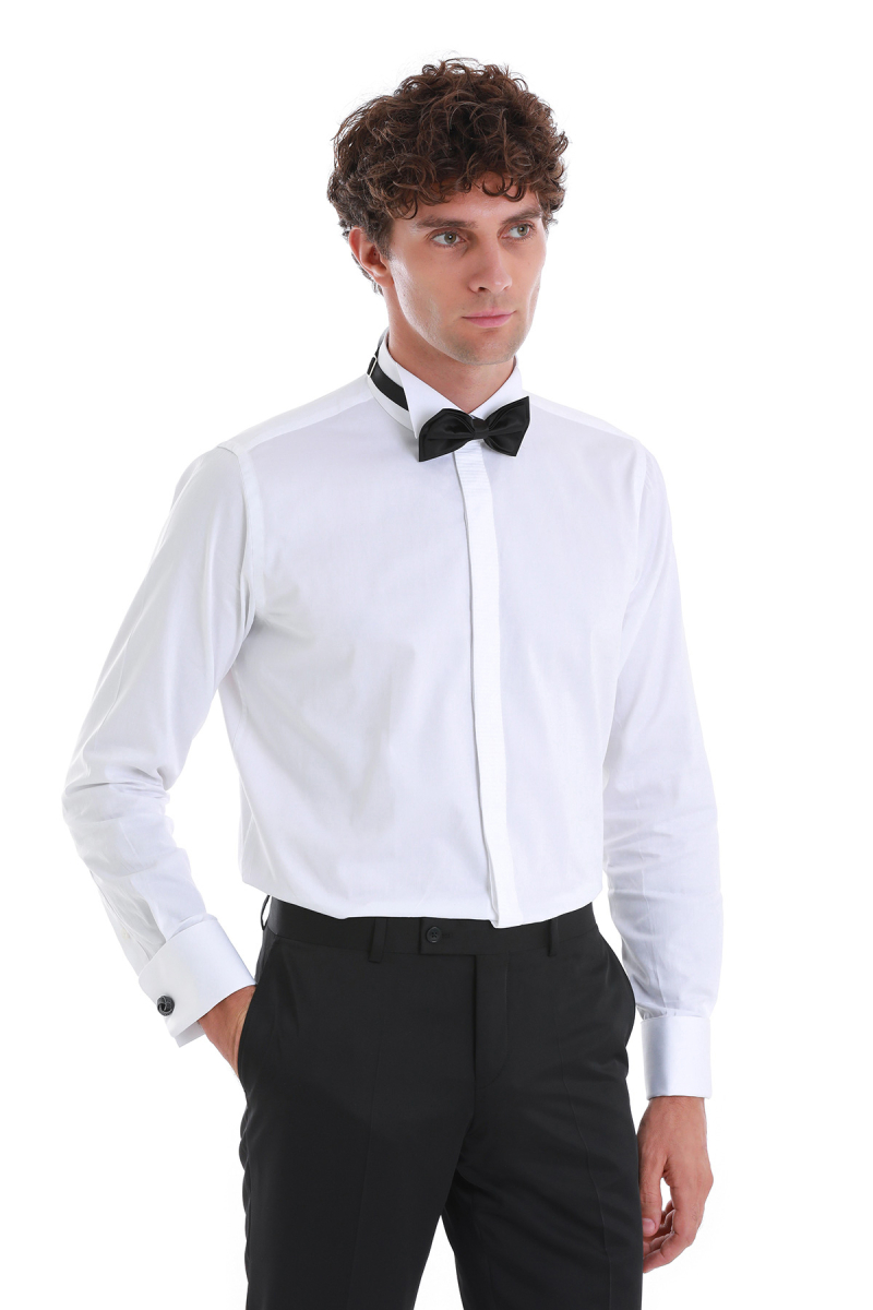 Beyaz Comfort Fit Devrik Manşet Yaka Saten Klasik Damatlık Gömlek - Hatem Saykı (1)