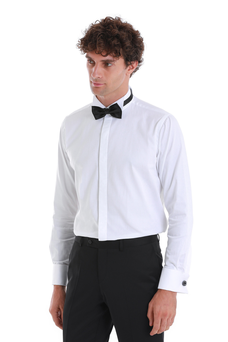 Beyaz Comfort Fit Devrik Manşet Yaka Saten Klasik Damatlık Gömlek - Hatem Saykı (1)