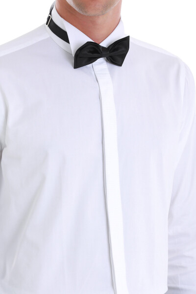 Beyaz Comfort Fit Devrik Manşet Yaka Saten Klasik Damatlık Gömlek - 5