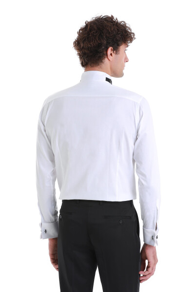 Beyaz Comfort Fit Devrik Manşet Yaka Saten Klasik Damatlık Gömlek - 6