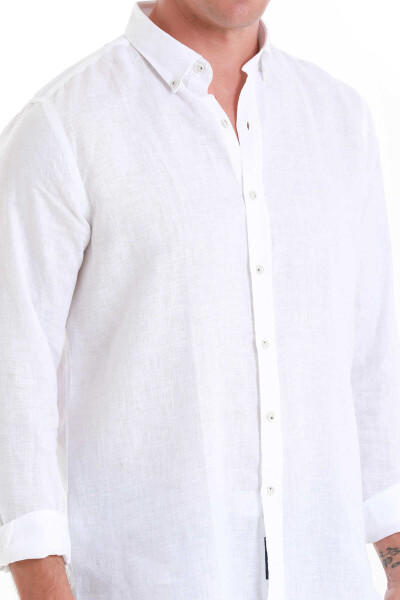 Beyaz Comfort Fit Düğmeli Yaka Uzun Kollu Keten Gömlek - 4