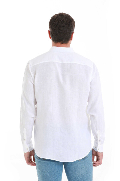 Beyaz Comfort Fit Düğmeli Yaka Uzun Kollu Keten Gömlek - 5