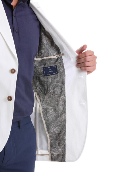 Beyaz Comfort Fit Mono Yaka Casual Keten Ceket - 5