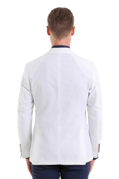 Beyaz Comfort Fit Mono Yaka Casual Keten Ceket - 6