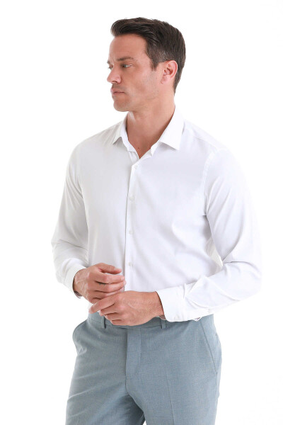 Beyaz Comfort Fit Slim Yaka Uzun Kollu Gömlek - 4