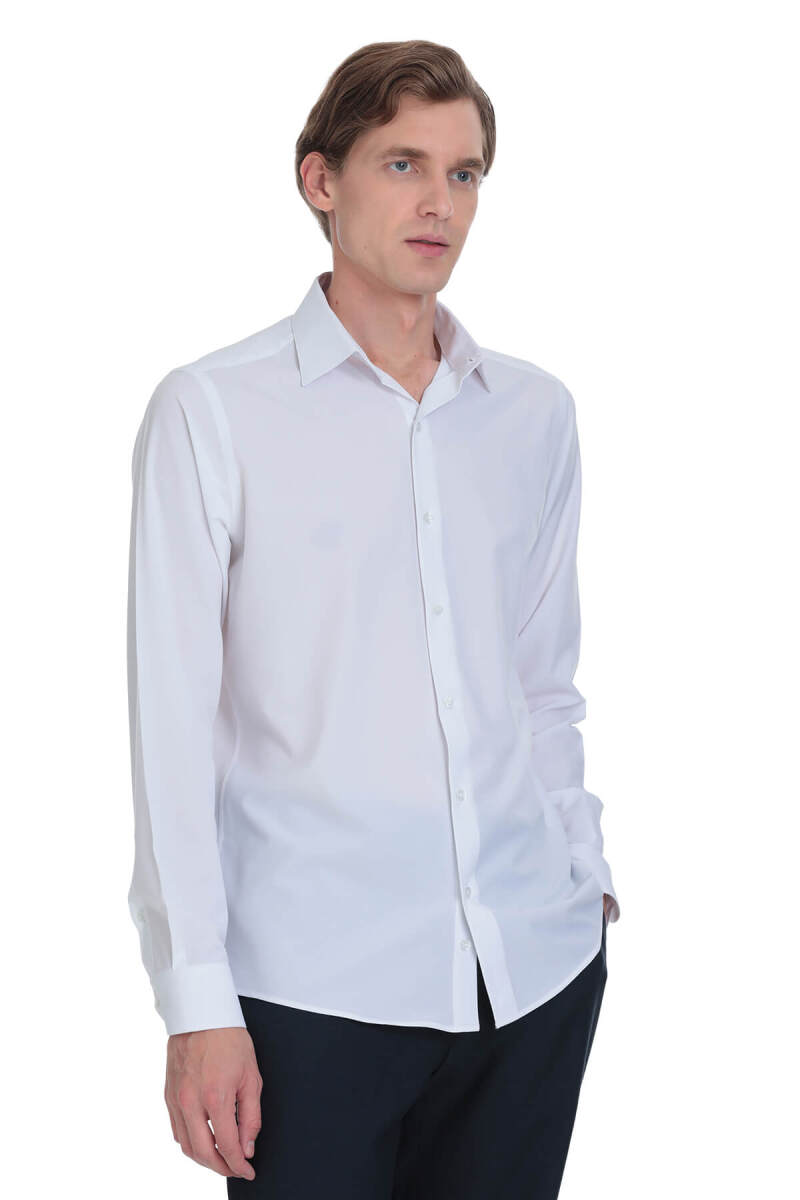 Beyaz Comfort Fit Slim Yaka Uzun Kollu Casual Gömlek - Saykı